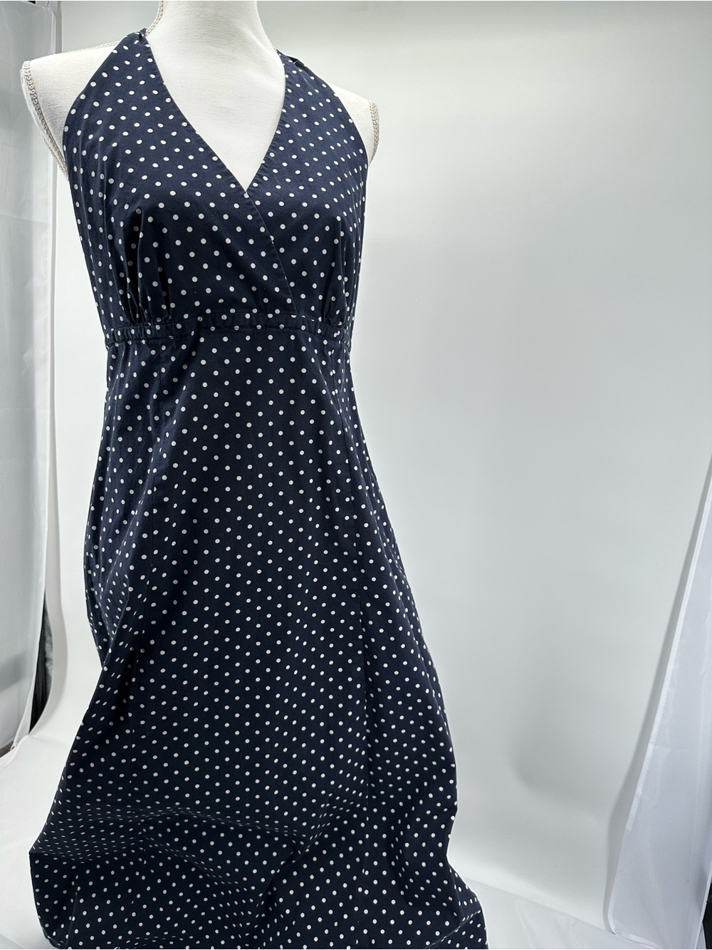 Lands' End Navy and White Halter Top Polka Dot Midi Dress. Size 14